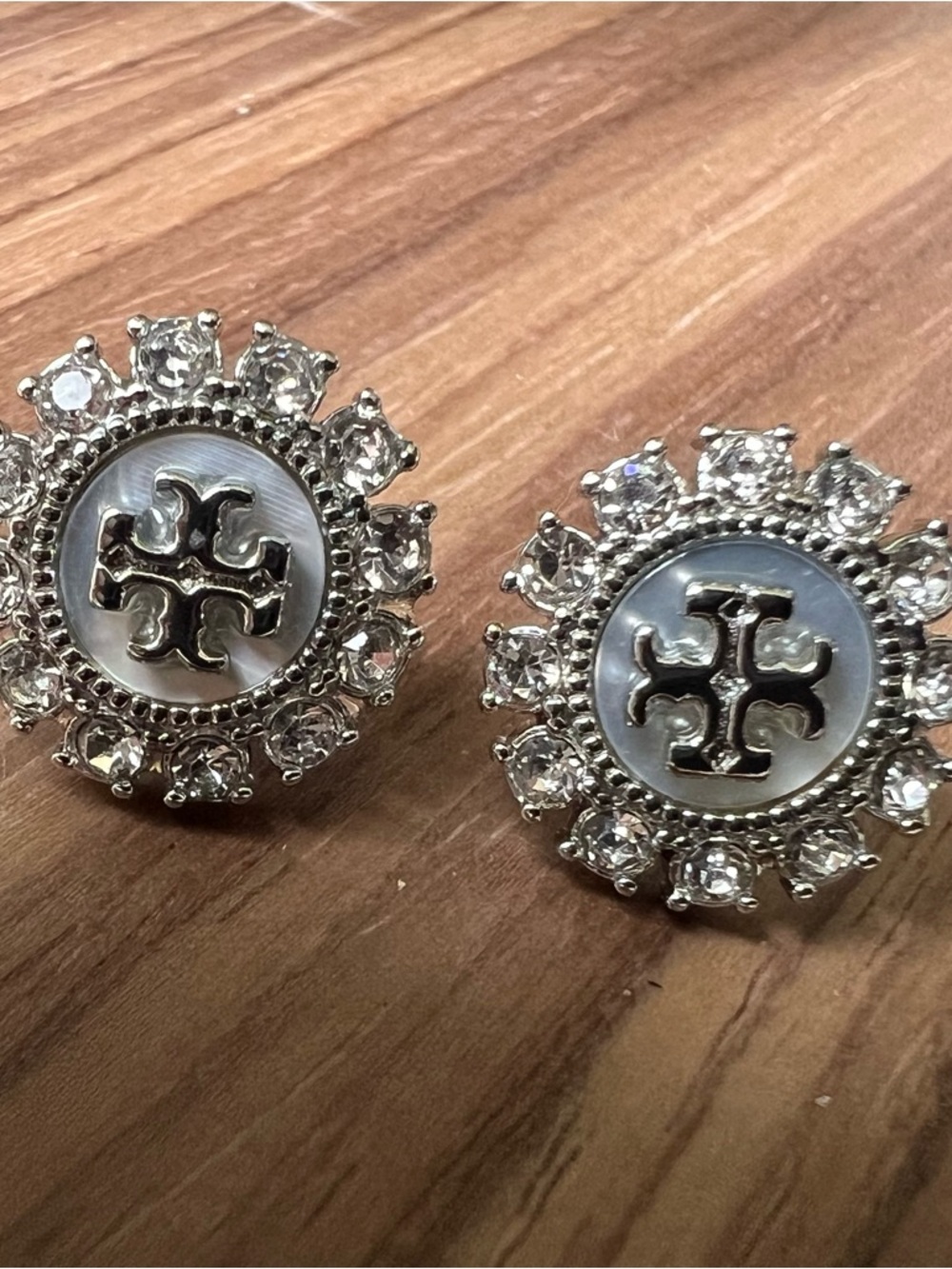 Tory Burch Silver Crystal Logo Button Earrings